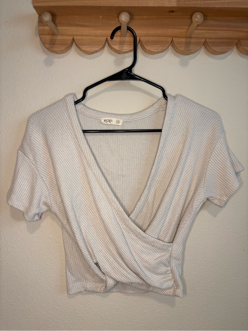 Sozy Cream Ribbed Wrap Cropped Top
